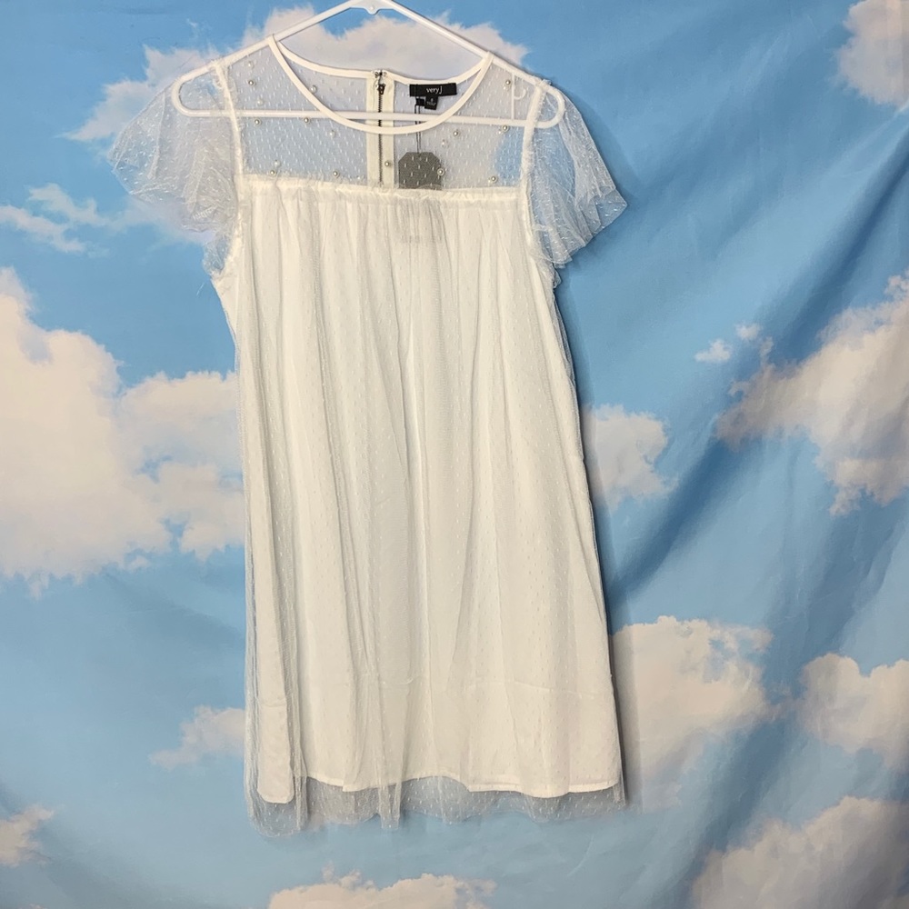 Very J- White Babydoll Pearl Embellished Dress S - Picture 3 of 10